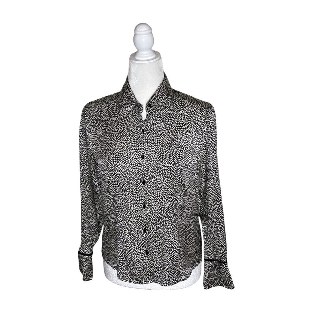 Talbots 100% Silk Geometric Blouse Bell Cuffs Black Ivory Petite 6